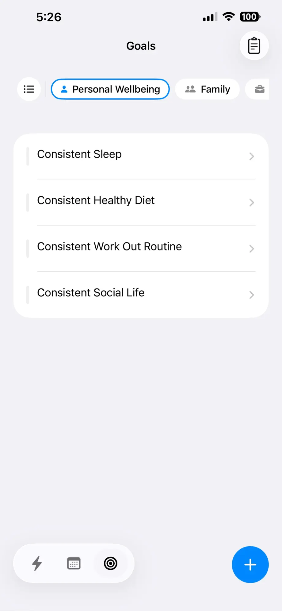 Fezer goal planner showing goals organized under a Personal Wellbeing front