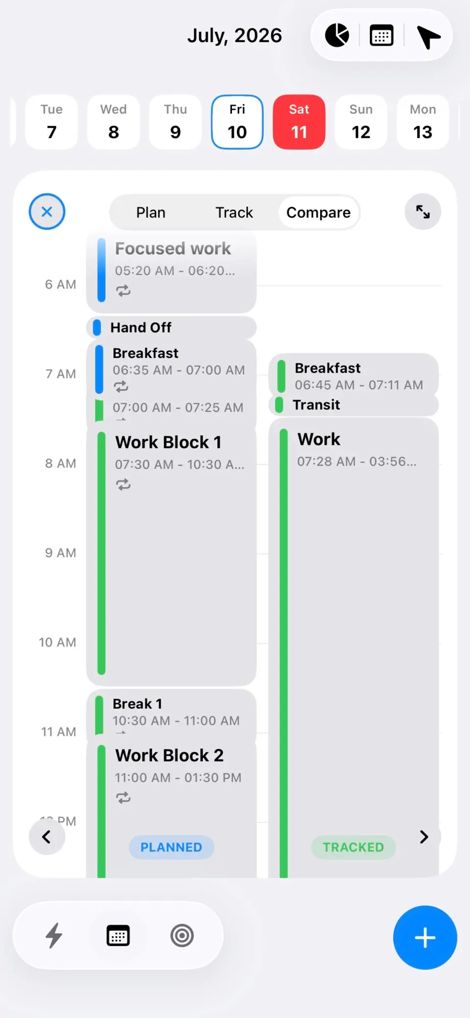 Fezer day planner showing a day planned in time blocks next to the time actually tracked