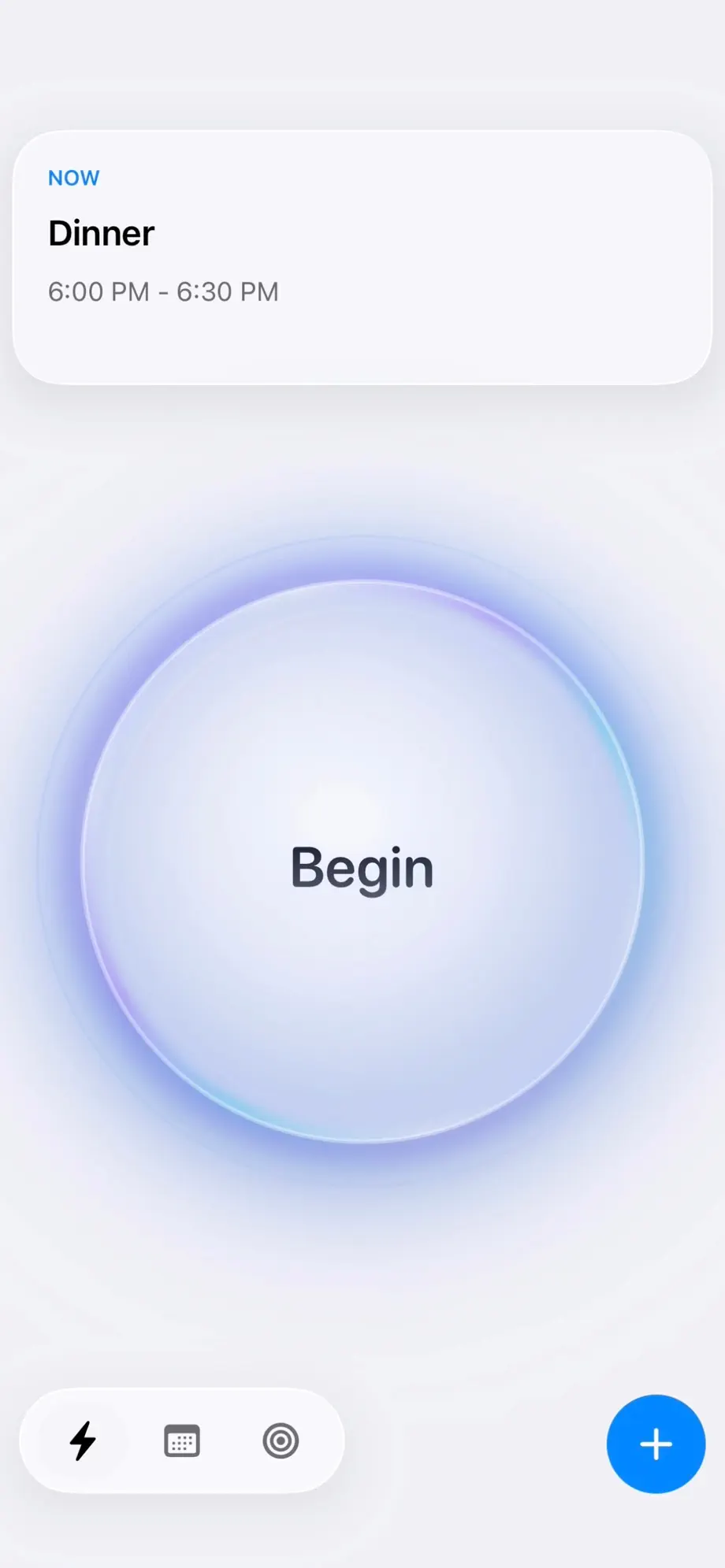 Fezer time tracker Now screen with a large Begin button below the current commitment