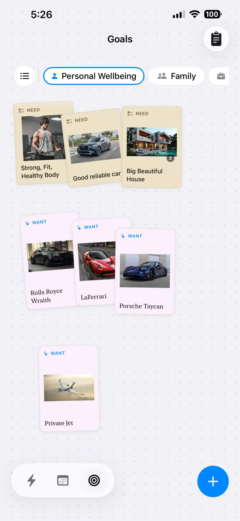 Fezer vision board with Want and Need pins including fitness, home and car goals